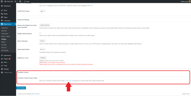 Ninja Forms Constant Contact credential settings
