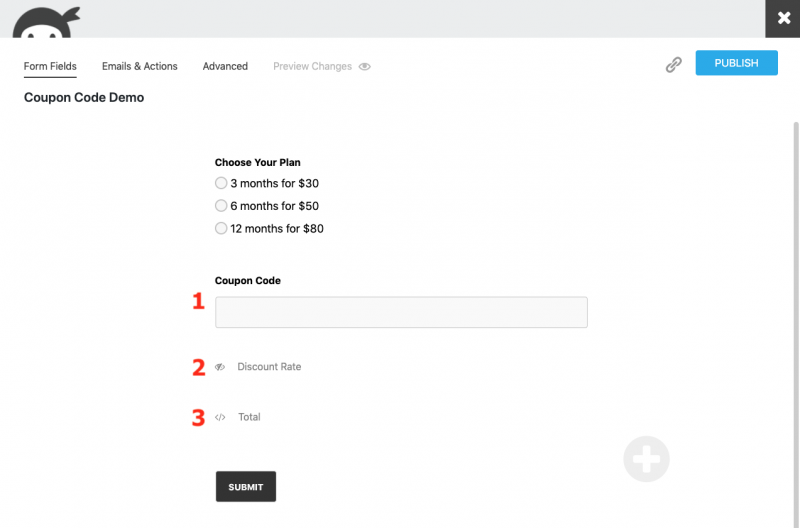 ninja forms coupon code form demo with 3 basic fields