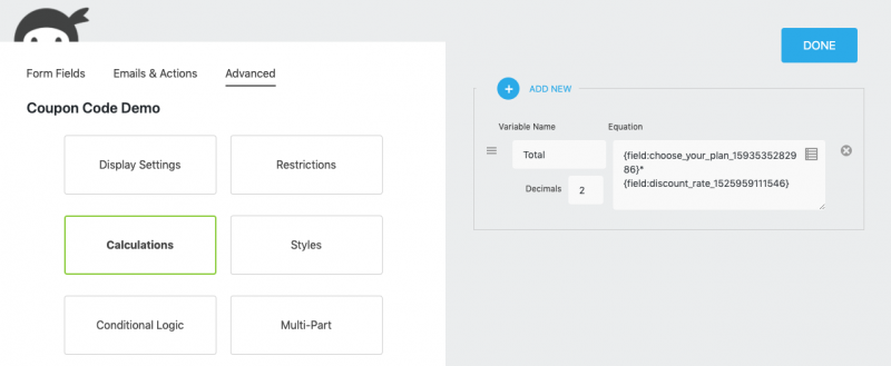 calculation in ninja forms that makes it possible to use a coupon code, amount field times discount rate field pictured