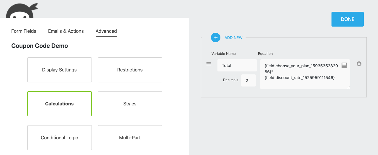 calculation in ninja forms that makes it possible to use a coupon code, amount field times discount rate field pictured