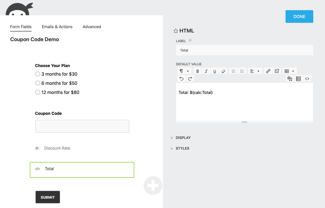 the calculation's merge tag is pictured being entered into the HTML field labeled 