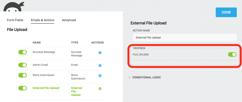 toggle the dropbox file upload setting to on in order to upload a file to dropbox from wordpress