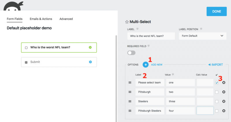 adding a list option to be the select field default placeholder