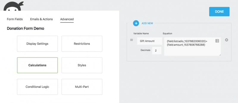 calculation set up to accept donations with wordpress using either a fixed donation amount or user entered amount