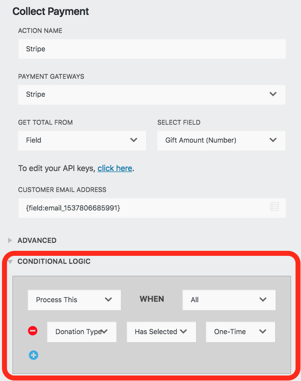 conditional logic on collect payment action to process as one time or recurring payment