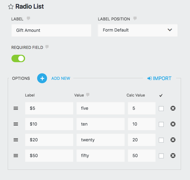 radio list field set up to accept donations with wordpress