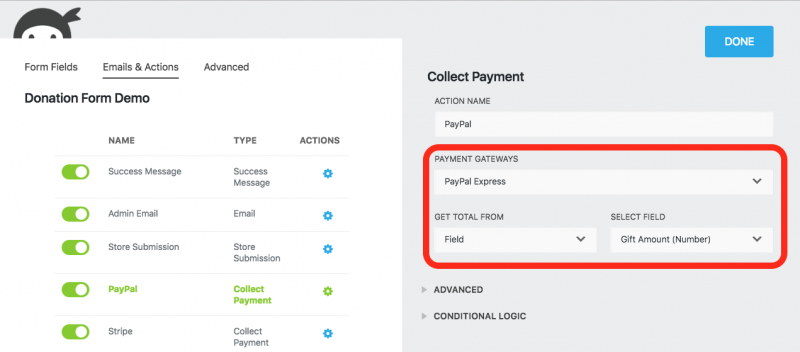 collect payment action setting to take the total from a field and send it to your payment gateway