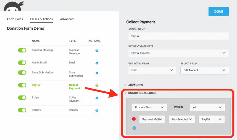 accept donations with wordpress using either credit cards or paypal by applying conditional logic to the collect payment action