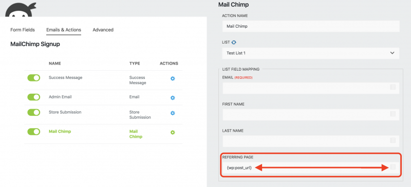 Adding a merge tag to the newly created Mailchimp Audience field in the Mailchimp Ninja Form action.