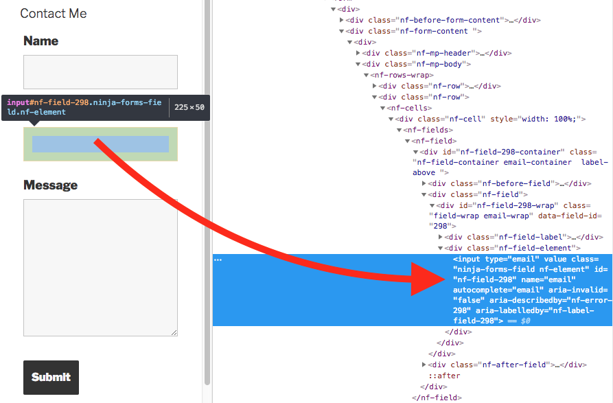 selector identified for the email field via the element inspector
