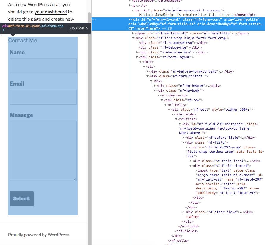 form container highlighted in the element inspector