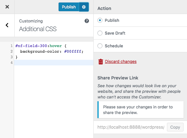 add custom css to wordpress forms via your theme's customizer option