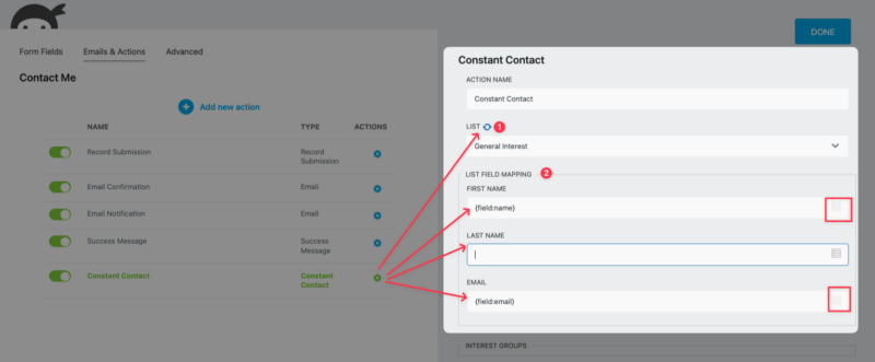 Constant Contact action field mapping