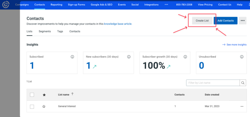 Constant Contact settings dashboard