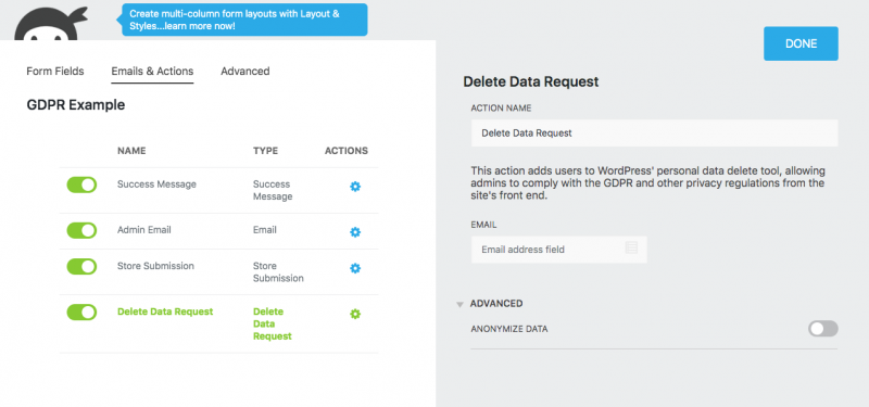 image of the Delete Data Request settings window