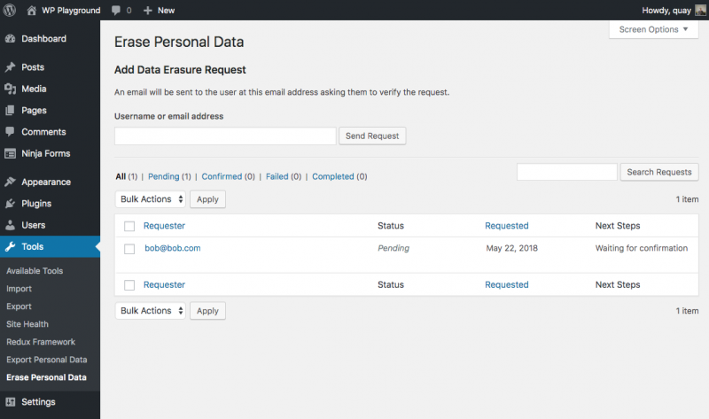 image of the WP admin under Tools, Erase Personal Data