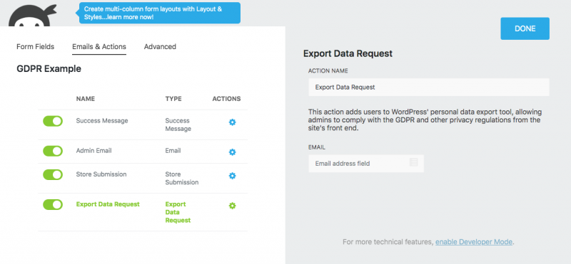 image of the export data request settings window
