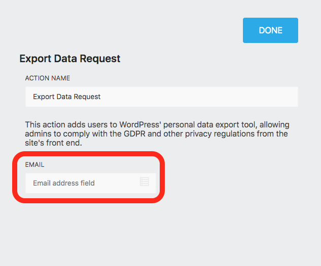 image of the export data request action settings with the setting to select the form's email field highlighted