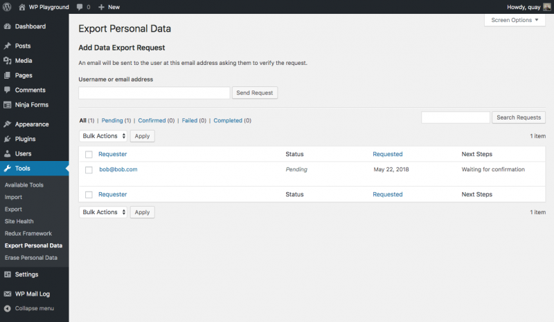 Image of the WordPress admin under Tools, Export Personal Data