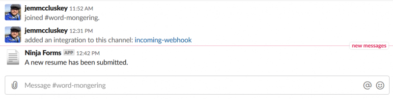 example slack notification from wordpress in selected channel