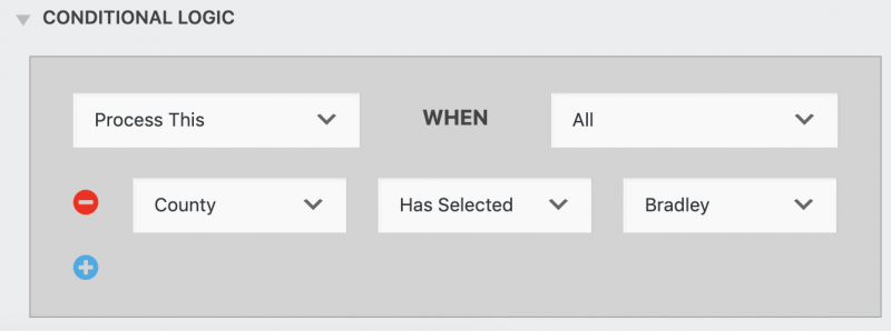 this conditional statement is set to process this when county field has selected bradley