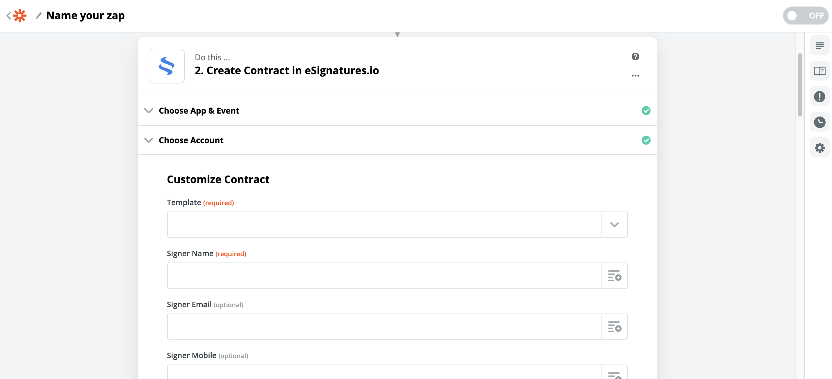 setting up details about template and signee(s) within your zap