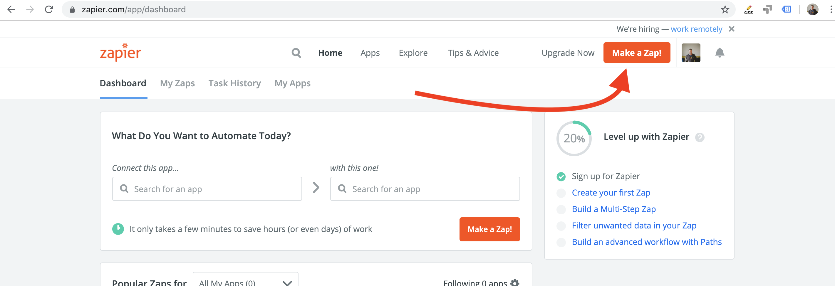 the Make a Zap button on the top right of the zapier home page