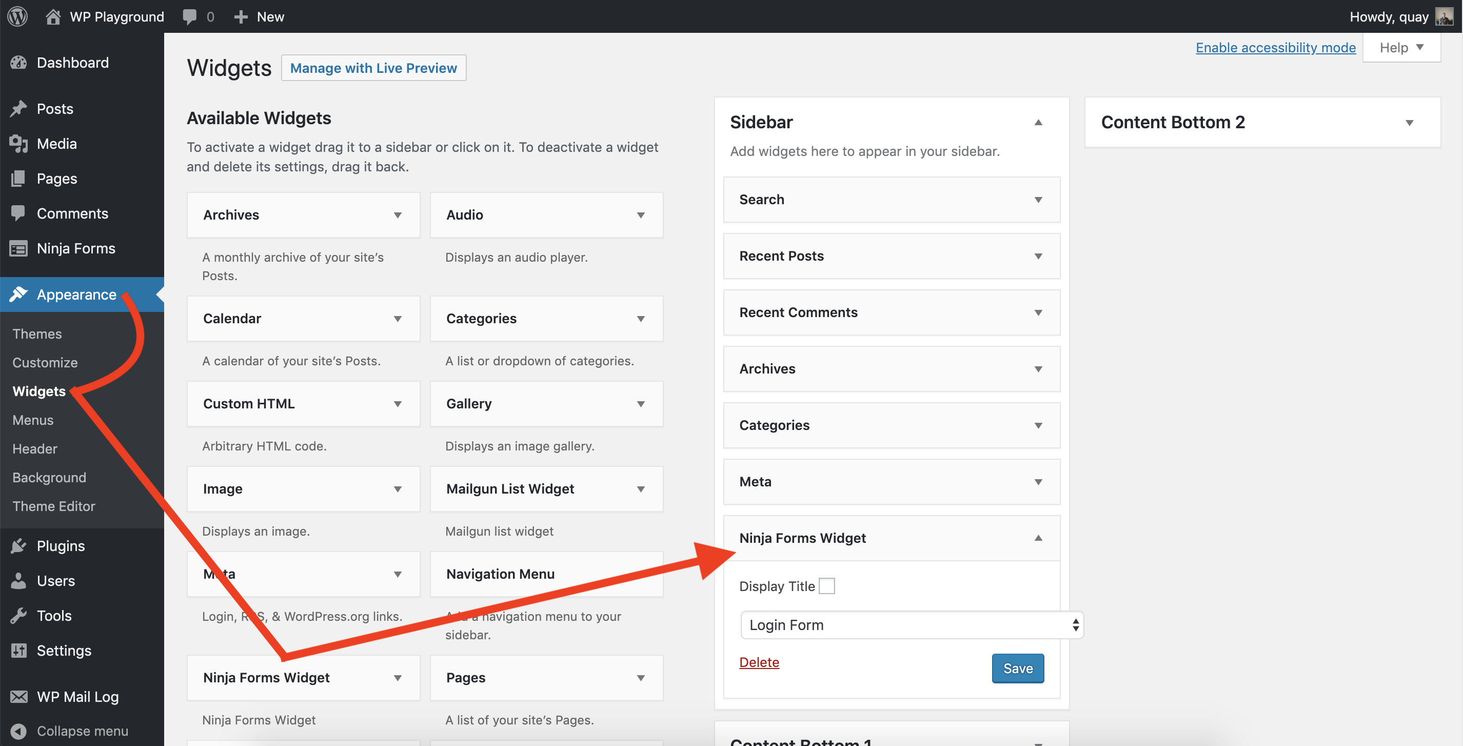 adding a login form widget to wordpress from you dashboard. Appearance, Widgets, select Ninja Forms in the left hand menu, and it appears in the widget menu to the right.