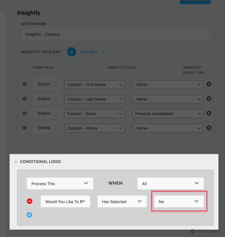 Conditional Logic for Insightly action is set to no