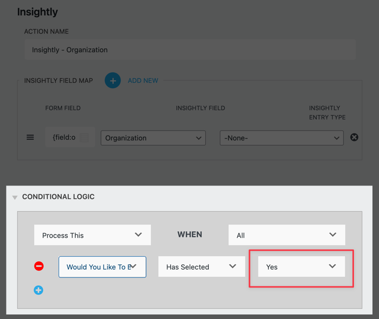 Organizations action with conditional logic enabled set to 'yes'
