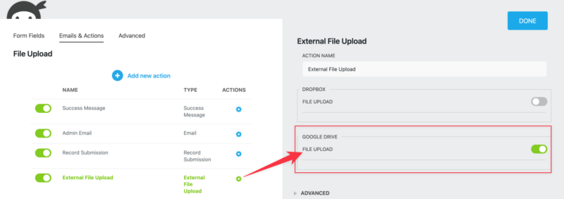 Enable Google Drive setting in External File Upload action, upload files to google drive from wordpress
