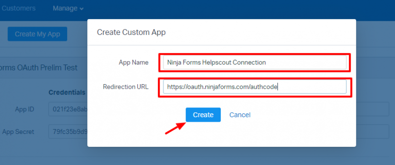 image of help scout Manage api screen create my app button highlighted