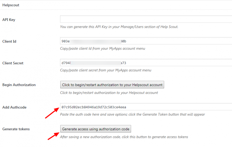 image of help scout api screen with auth keys highlighted