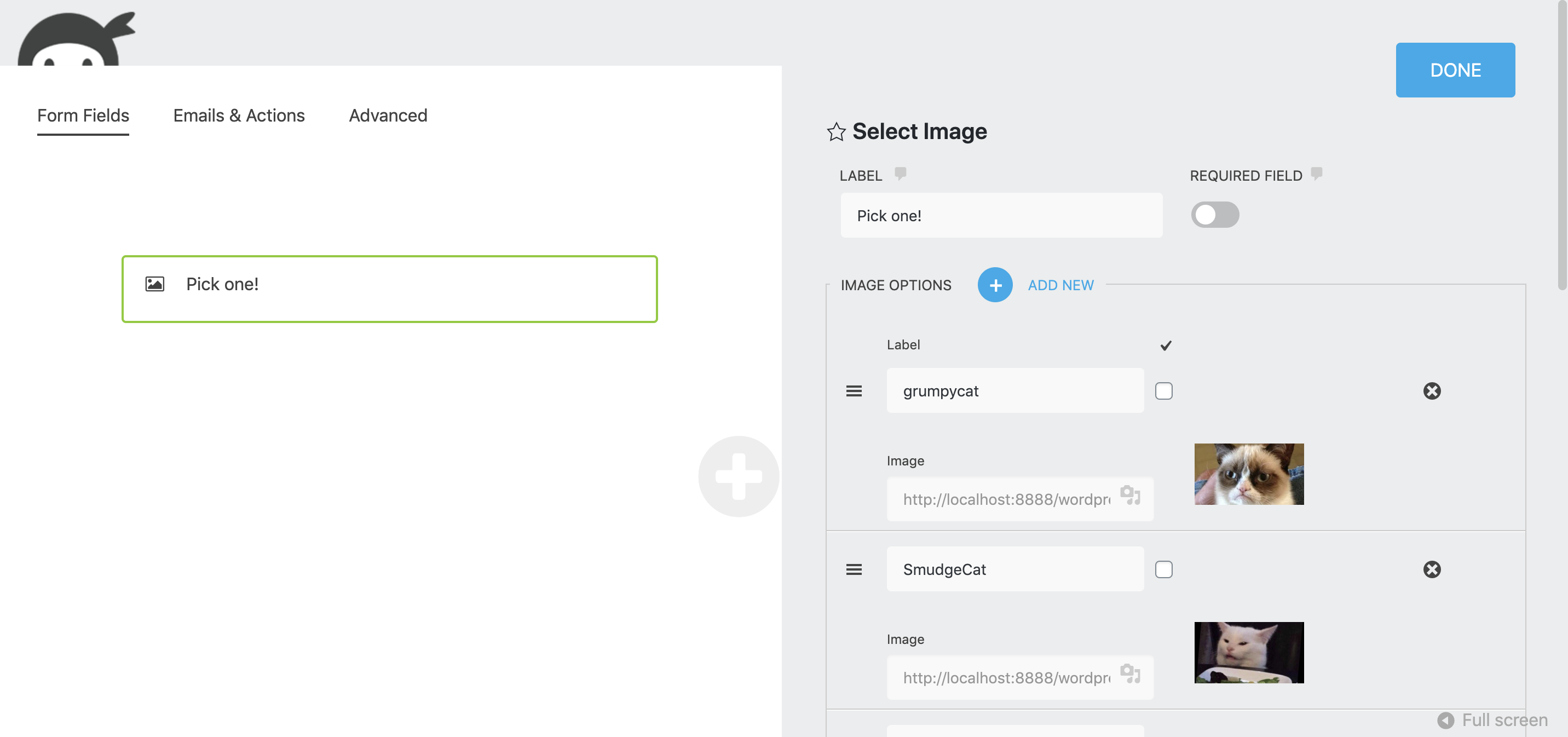 backend settings of the new select image field