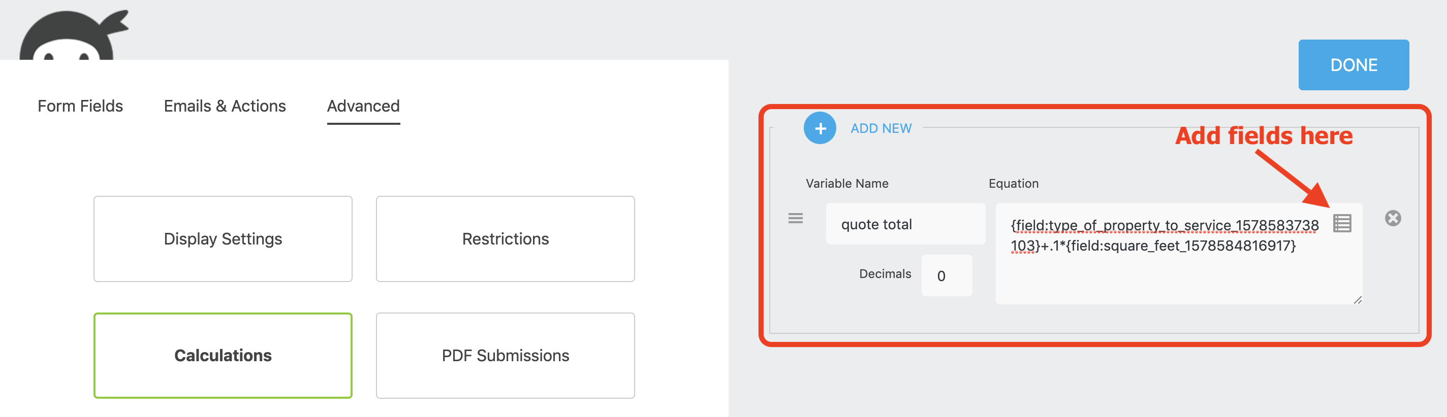 the calculations feature will let you get a total for the quote request from the fields made in the last step