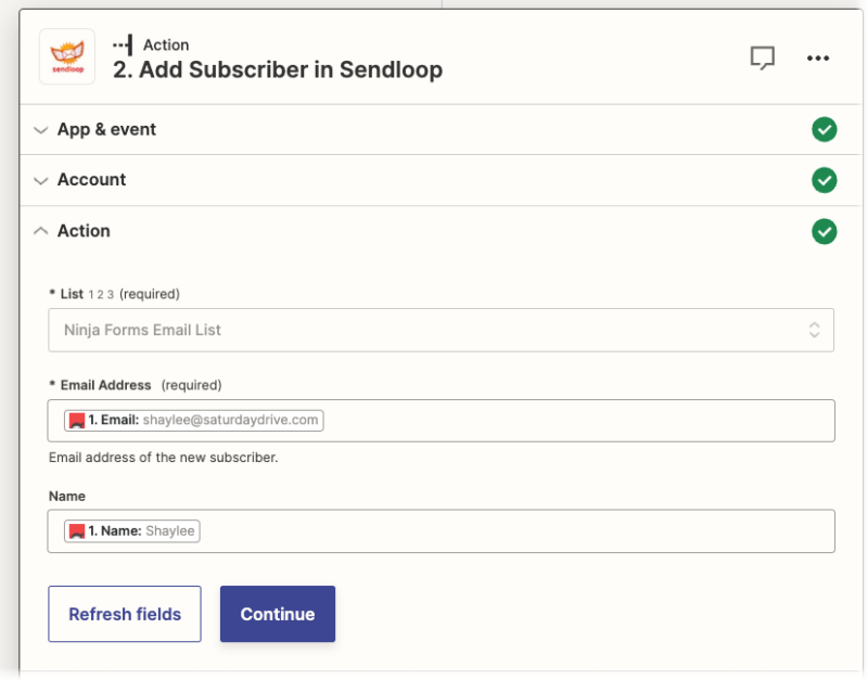Filling out the Action fields for Sendloop with Ninja Form submission data