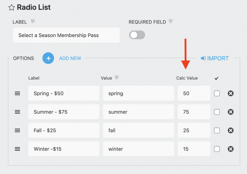demo of a checkbox list field offering different selections at different prices. prices are represented by the calc value setting
