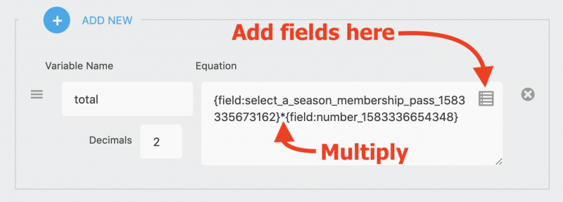 example calculation that will multiply two fields to arrive at a total to accept payments in wordpress