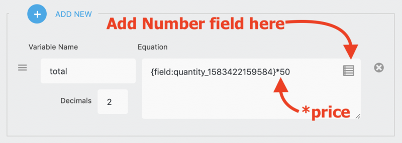example calculation using a number field for quantity multiplied by a set price