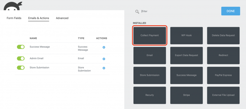 image of the collect payment action within the Ninja Forms builder
