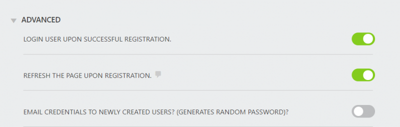 Advanced settings of the Register User action, user registration form in wordpress