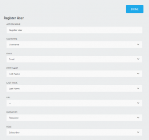 Register User action settings