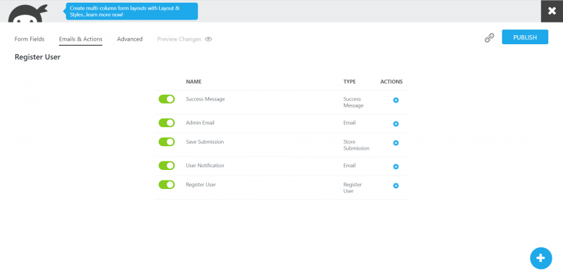 Emails & Actions tab in Register User template