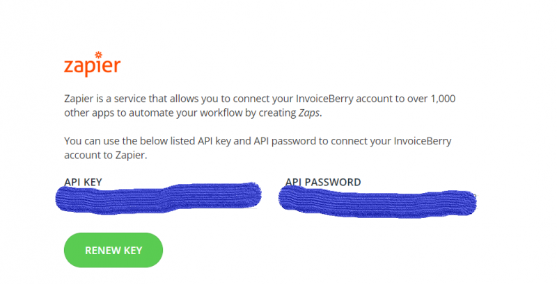 zapier API Key and Password on InvoiceBerry