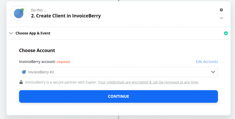 choosing InvoiceBerry account in Zapier, create an invoice in wordpress