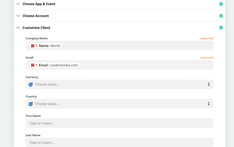 mapping client fields in the form to create an invoice in wordpress