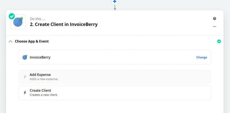 selecting InvoiceBerry event in Zapier, create an invoice in wordpress