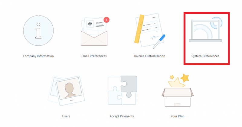 system preferences menu in invoiceberry