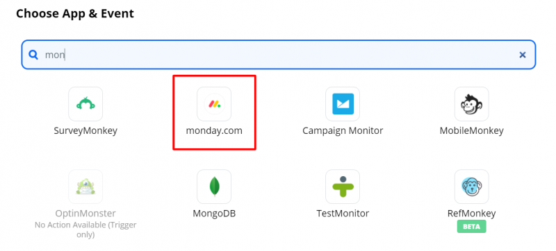 choose monday.com as action app in zapier