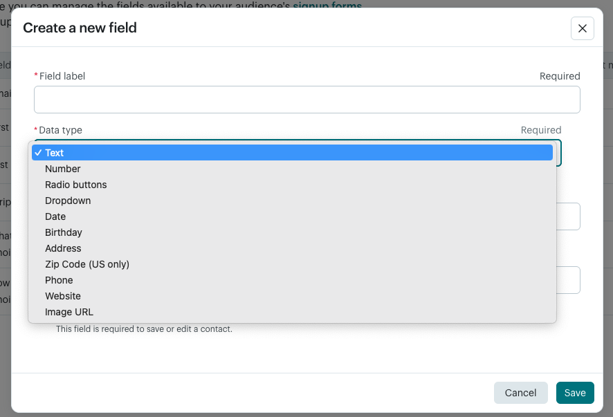Choosing field type within Mailchimp